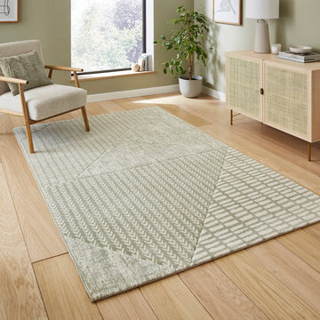 Catherine Lansfield Larsson Modern Abstract Durable Easy-Care Carved High Density Polyproplyene Light Sage Green/Cream Rug-Think Rugs-Rug Love - The Most Loved Rug Store